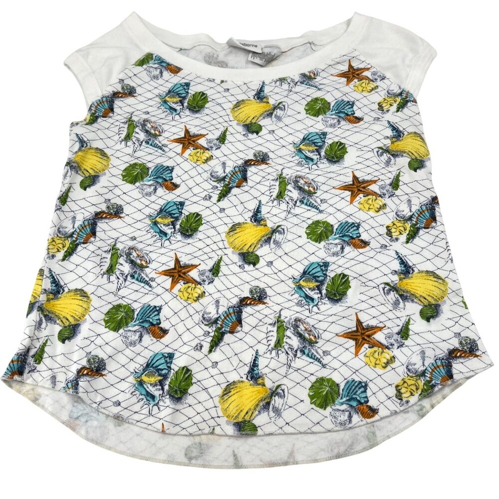 Liz Claiborne White Seashell & Starfish Print‎ Cotton Cap Sleeve Top XL y2k